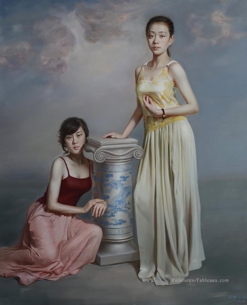 bleu et blanc 3 fille chinoise Peintures à l'huile